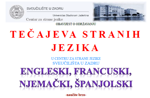 Obavijest o održavanju tečajeva stranih jezika u Centru za strane jezike Sveučilišta u Zadru